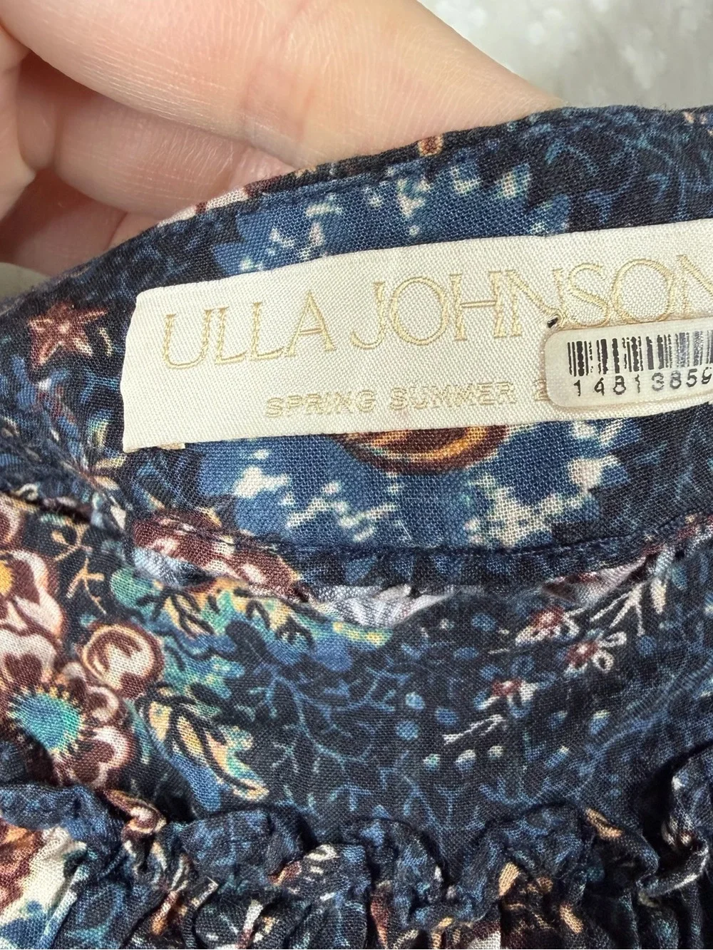 Ulla Johnson Blue Brown Floral Tiered Puff Sleeve Top